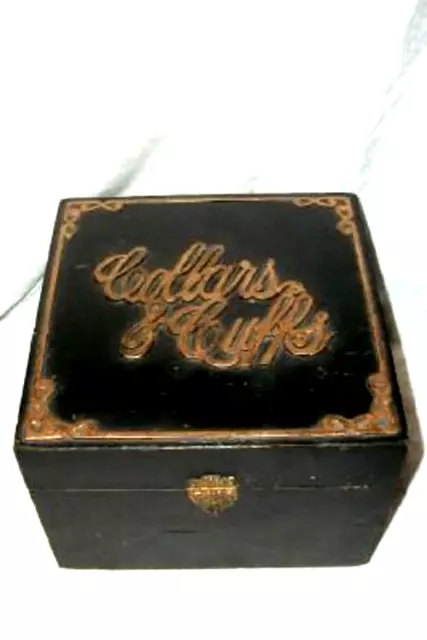 Victorian Mens Collar Cuff Box Austrian Court Ebonized Wood Gilt Script Label