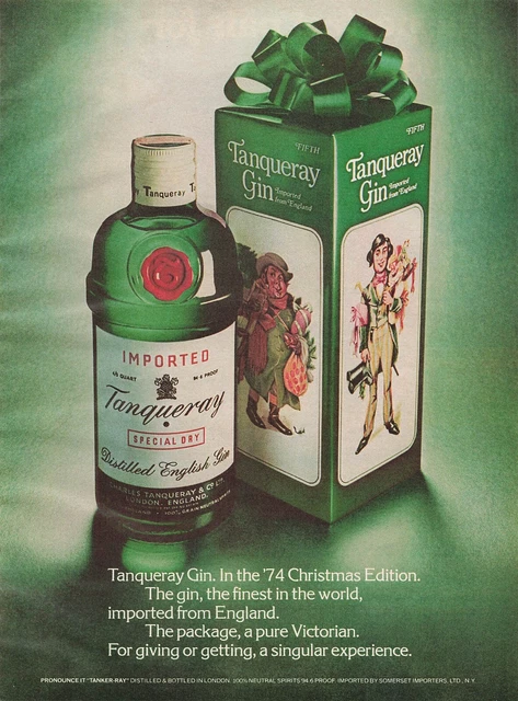 1974 Tanqueray Gin Vintage Print Ad Christmas Edition Green Bottle Victorian