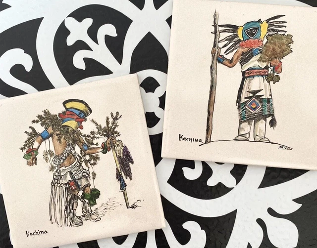 Vintage Kachina Hopi Dancing Figures Hand Painted Pair Ceramic Tiles Signed SYL