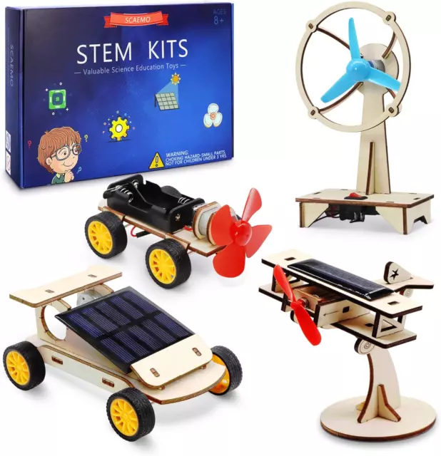 STEM 4 Set Solar Motor Kit,Wooden Model Electric Car Science Experiment Projects