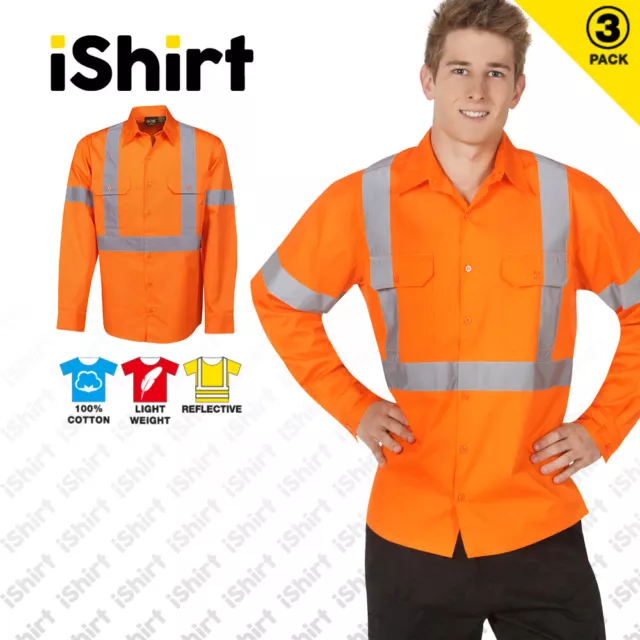 3X Work Shirt Hi Vis Safety Cotton Drill X- Reflective Tape Full Orange Workwear