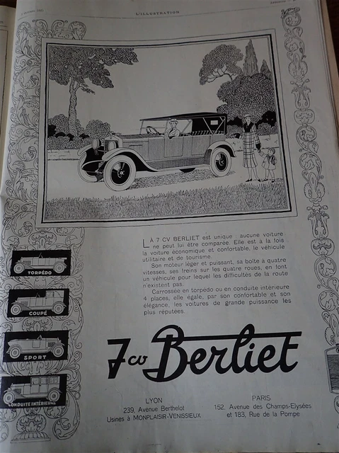 BERLIET 7 CV automobile publicité papier ILLUSTRATION  AUTO 1925 col