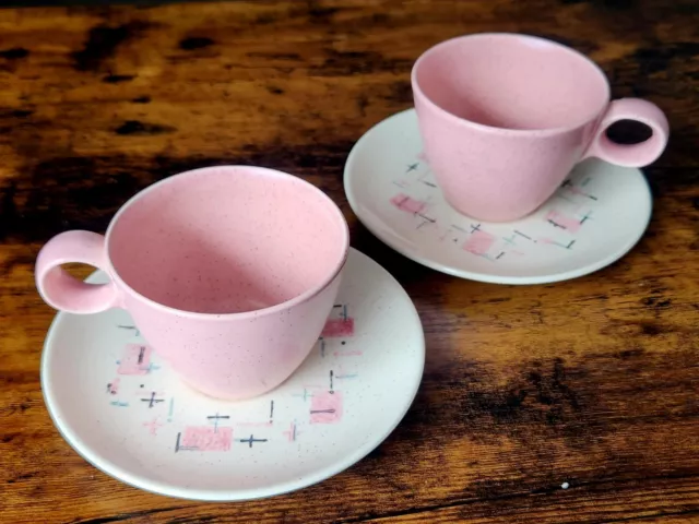 2 Sets - Vintage VERNON WARE Tickled Pink Coffee Cups & Saucers - MCM Dinnerware