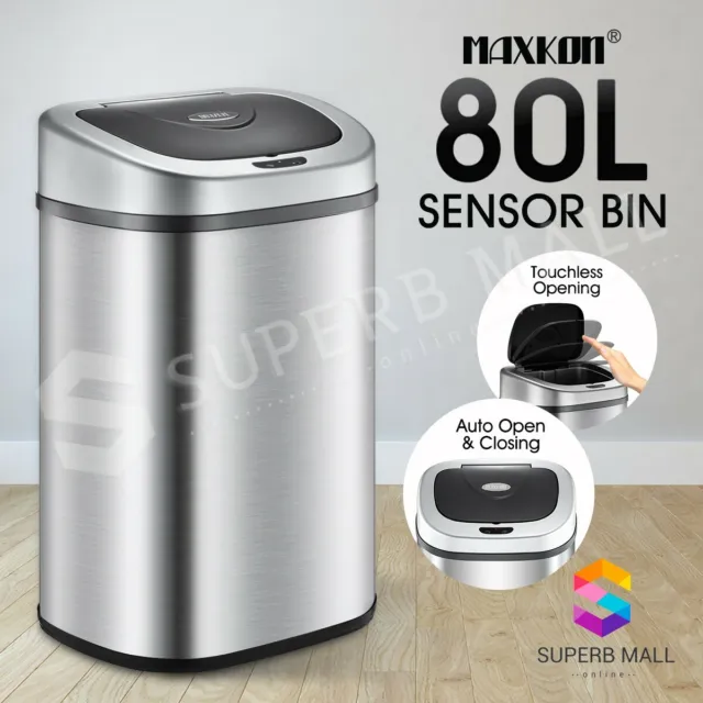 80L Stainless Steel Rubbish Bin Motion Sensor Auto Waste Trash Can Touch Free