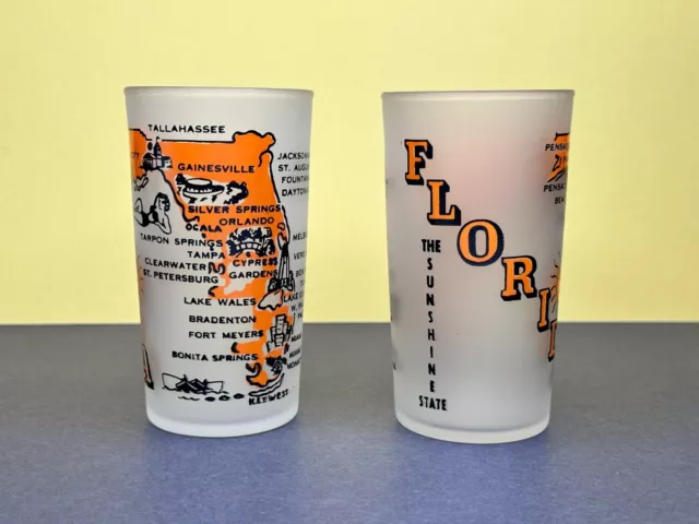 Set of 2 Vintage 1950s Florida St. Map Frosted Orange Souvenir Drinking Glasses