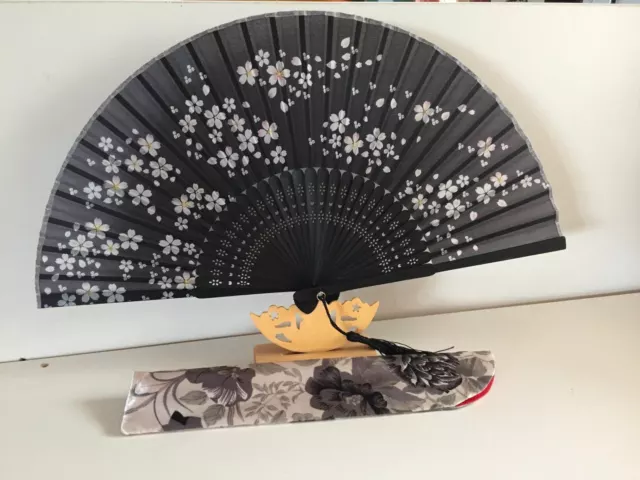 Japanese Silk Hand Fan - Sakura Floral  best quality with Silk Fan Holder DSF020