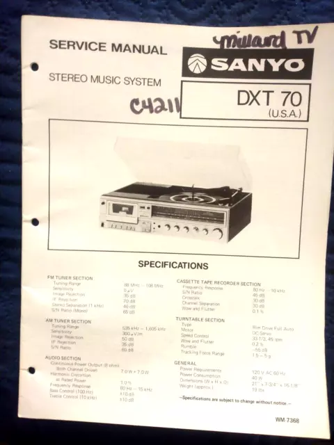 Sanyo Dxt70  Stereo Music System Service Repair Manual