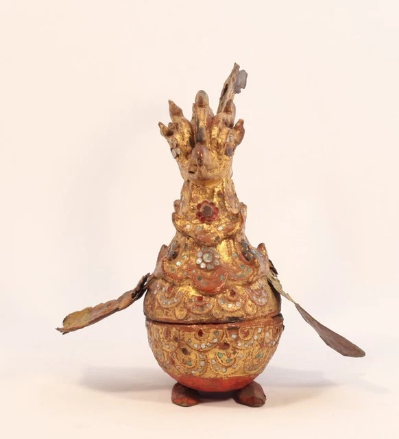 Burmese Lacquered and Gilt Bird Box with Mirror sale as is 3