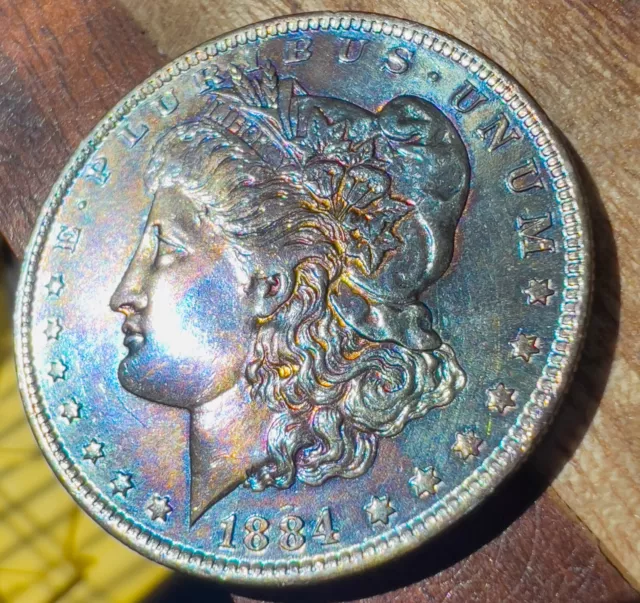 1884-O Morgan Silver Dollar Violet Blue Red Gold Toned w/video