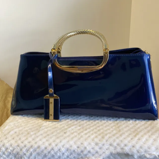 GLOSSY NAVY Faux Patent Leather Shoulder Handbag Women Evening Party ...