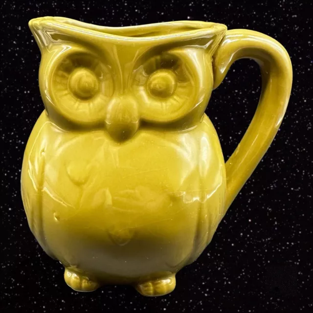 Olive Green Pottery OWL Pitcher Jug Marked 909120 Ceramic 5”T 5.5”W