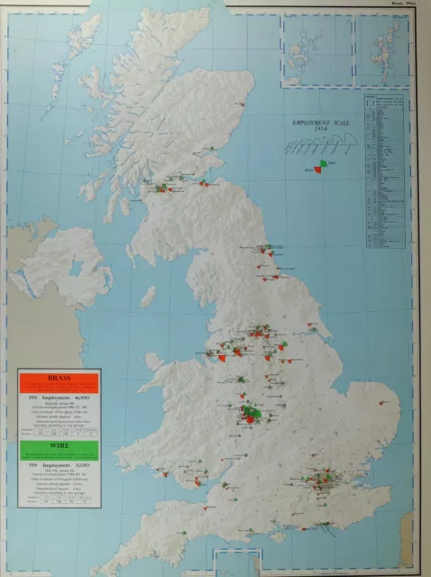 VINTAGE LARGE MAP of BRITAIN BRASS EMPLOYMENT MANUFACTURING WIRE EXPORTS