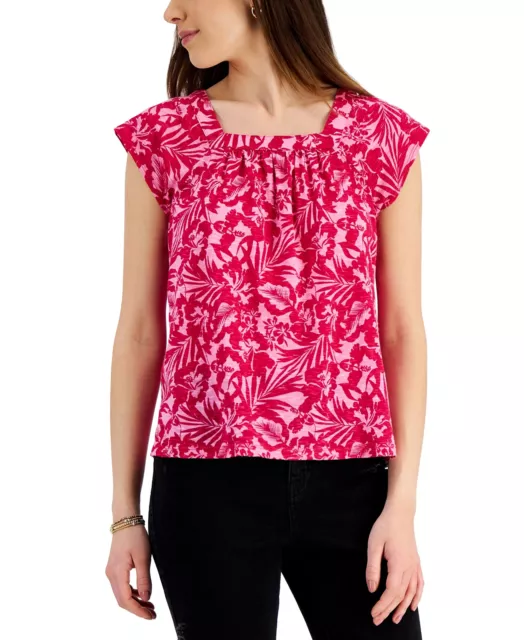 MSRP $40 Style & Co Women Square-Neck Flutter-Sleeve Blouse Pink Size XL