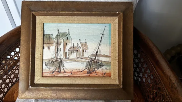 VTG Zim Painting  Picture  W/Sailboat Cut wooden Frame Unique Zim 15”x13”