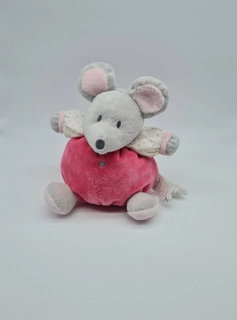 49 - Doudou Peluche Hochet Grelot Obaibi Souris Gris Rose Coeur