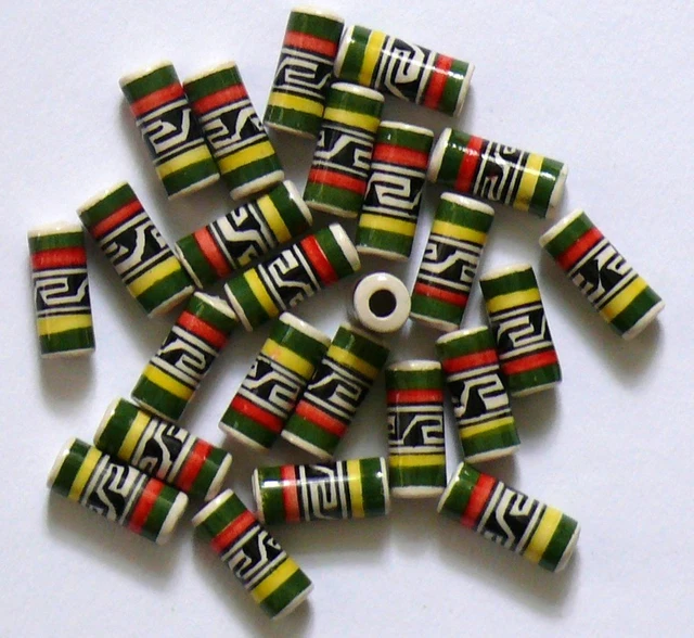 50 Peru Keramik Perlen 17 mm, grün gelb,Zylinder länglich, Indianer Inka Schmuck