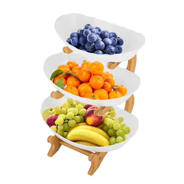 3-stöckige Obstschale Aus Bambus - Weiße Etagere Für Snacks & Deko Im Wohnzimmer