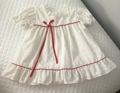 Vtg Alexis Infant Toddler White Eyelet Dress Red Trim Bow Girl Size 12 months