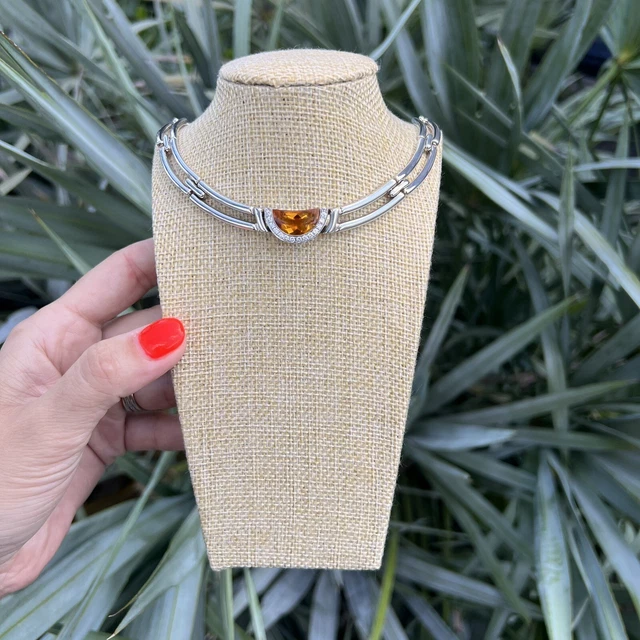Movado 18k White Gold, Sterling Silver, Citrine and Diamonds Choker Necklace