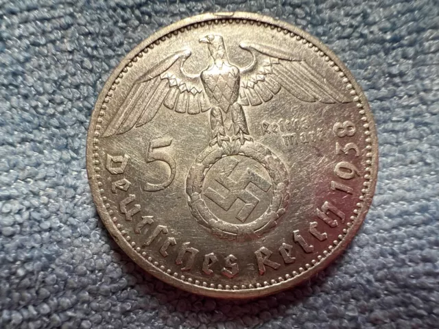 1938 German Third Reich Hindenburg 5 Reichsmark Silver Coin