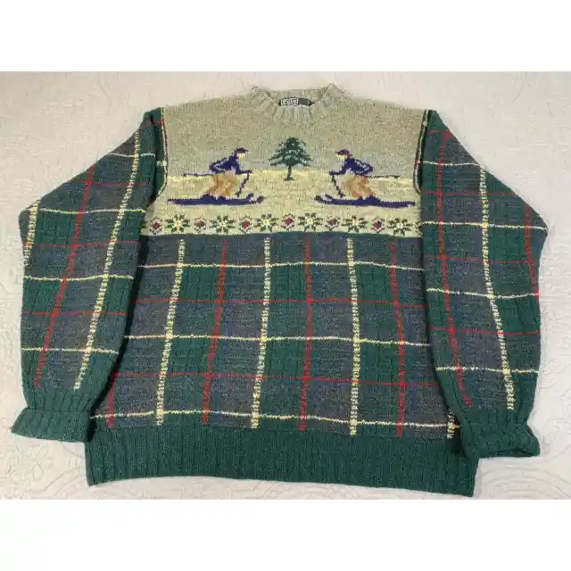 Vintage Polo Sweater Ski Ralph Lauren Hand Knit Mens Large Wool Plaid Fair Isle