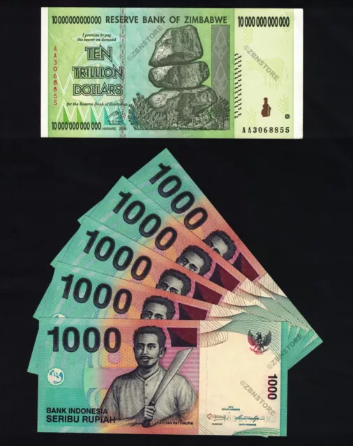 10 Trillion Zimbabwe Dollars 2008 + 5 x 1000 Indonesia Rupiah 2013 Banknotes Set