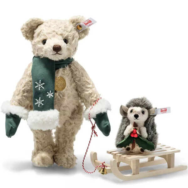 Holiday Teddy Bear with Hedgehog on Sled - EAN 007286 - Steiff 2022 LE