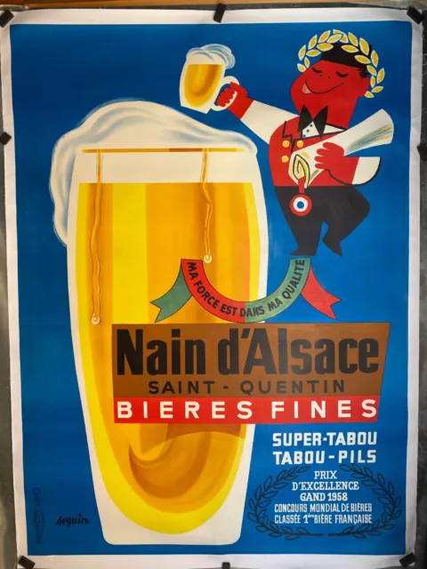 Original Vintage 1950's French Beer Poster "Nain D'Alsace" By Seguin, On Linen