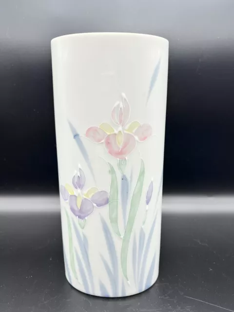 Otagiri Floral Lite Hand Painted Iris White Porcelain Flower Vase Florals 9"