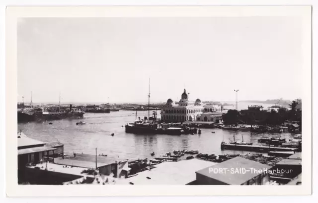 Post Said Egypt Suez Canal Harbor Ships Docks Boats Buildings RPPC Postcard