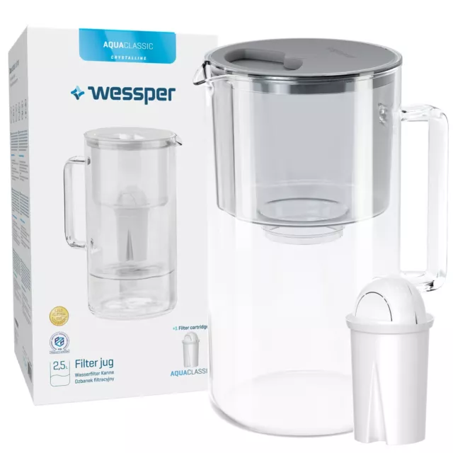 Wessper Gris Pichet en verre de 2,5 L avec filtre compatible Brita Classic