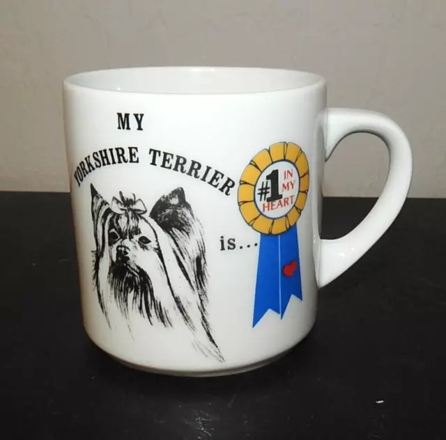 Vintage Yorkshire Terrier Ceramic Coffee Mug w/Pic & Blue Ribbon 1988 Mug Shanty