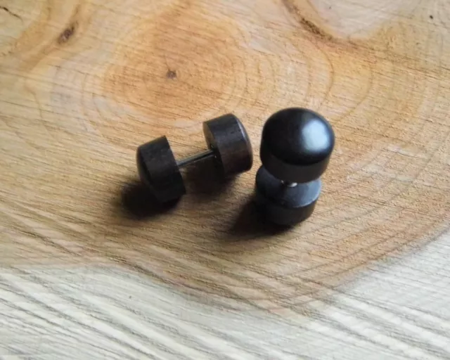 PAIR WOOD STUD Earrings Men Women BLACK ROUND SMALL Wooden Fake Faux Plug Gauge