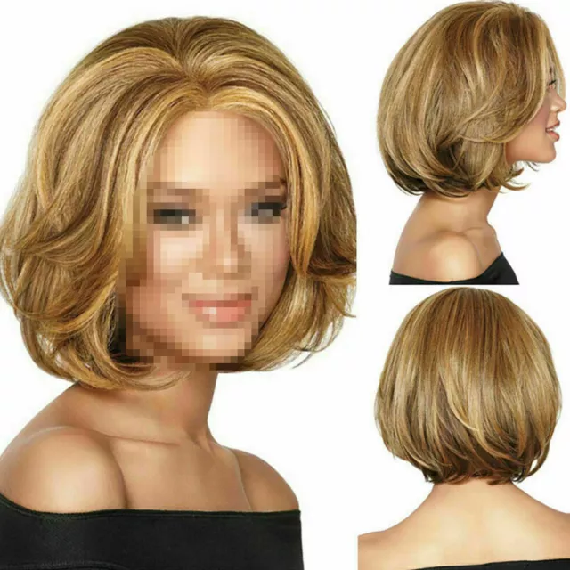 Pelucas cortas para mujer estilo Bob pelo completo ondulado recto marrón dorado