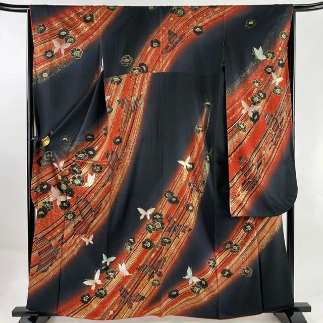 Woman Japanese Kimono Furisode Silk Butterfly Flower Gold Silver Foil Blur Black