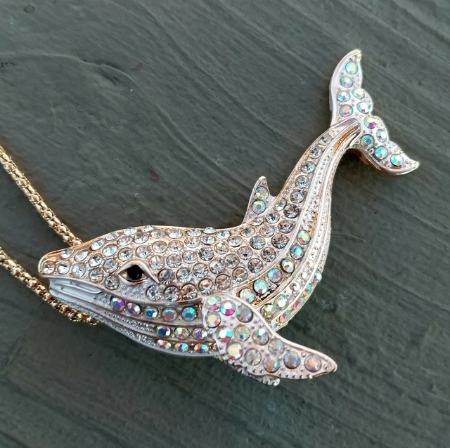 Betsey Johnson White Enamel Whale AB Crystal Pendant Necklace / Brooch