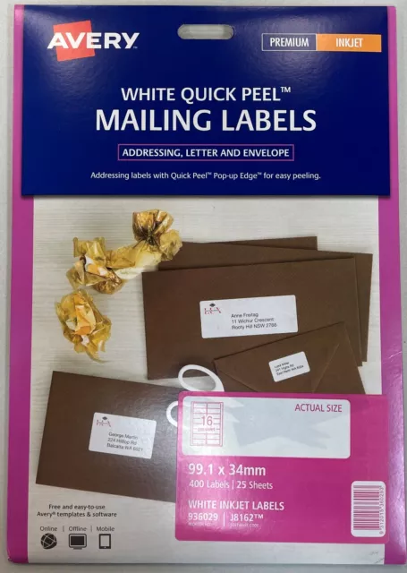 Avery 16UP Mailing Address Labels 99.1mm x 34.0mm 936029 25 Sheets/400 Labels