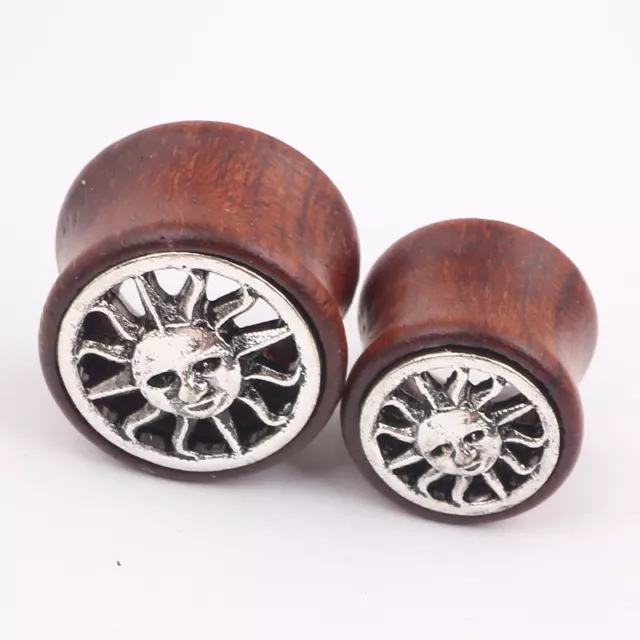 PAIR Ear Plugs Ear Gauges Tunnels Hand CARVED Tribal Sun Sono Wood ORGANIC