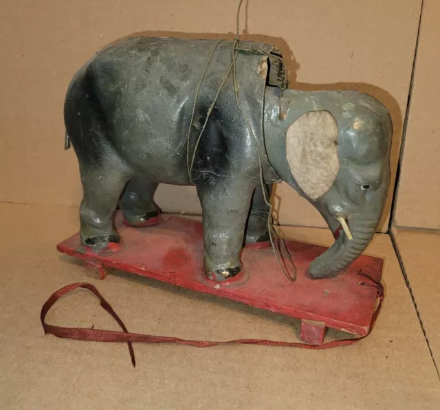 Antique Primative Paper Mache Circus Elephant On Red Platform