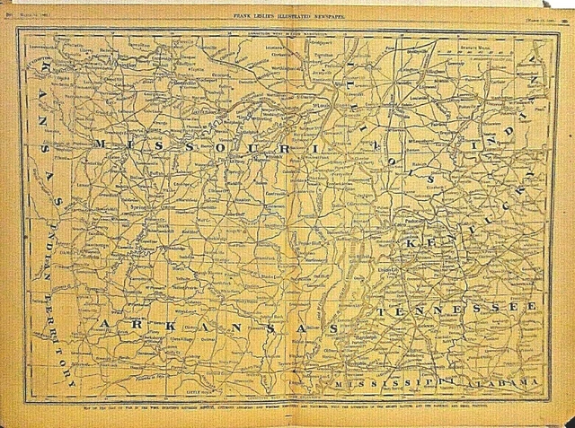 Civil War Map Missouri, Illinois, Arkansas, Kentucky, Dbl Pg 1862 Antique Print