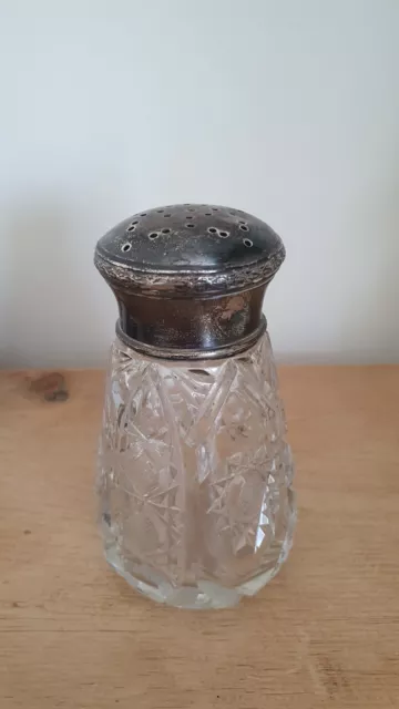 Antique Silver Shaker Top Cut Glass Bottle