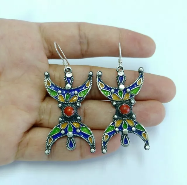 Kabyle Earrings Jewelry Handcrafted African Silver Enamel Coral Red 925 Berber