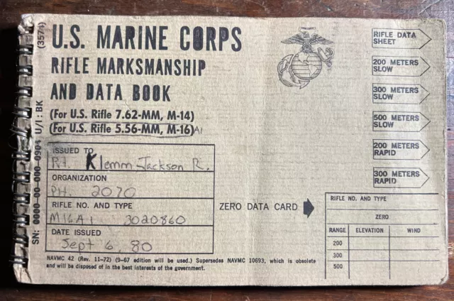 U.S. Marine Corps ~ Rifle Marksmanship And Data Book ~ M-14 M16 ~ Marines ~ Used