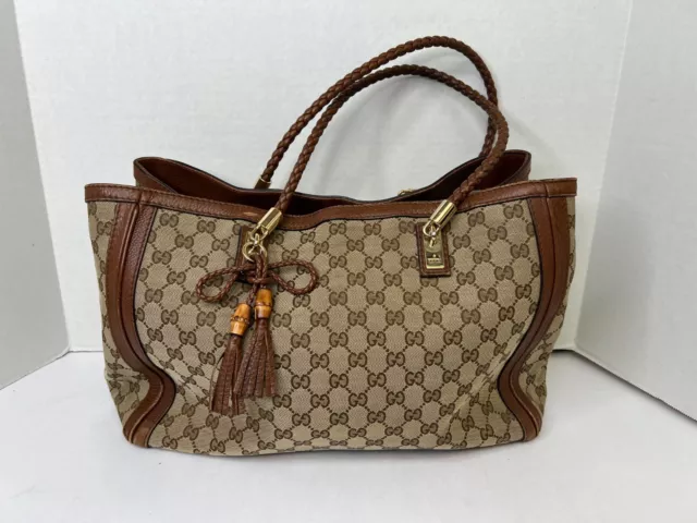 Gucci GG Pattern Bella Brown Tote Bag Handbag Canvas Leather Bamboo Tassel