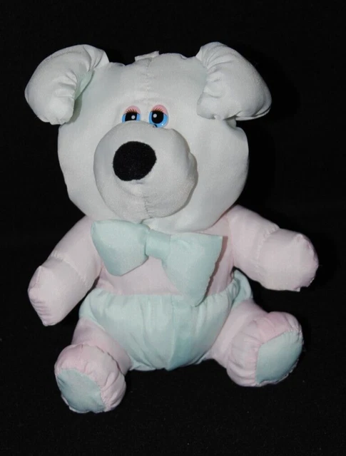 Peluche doudou chien style PUFFALUMP blanc vert rose toile parachute 18 cm TTBE