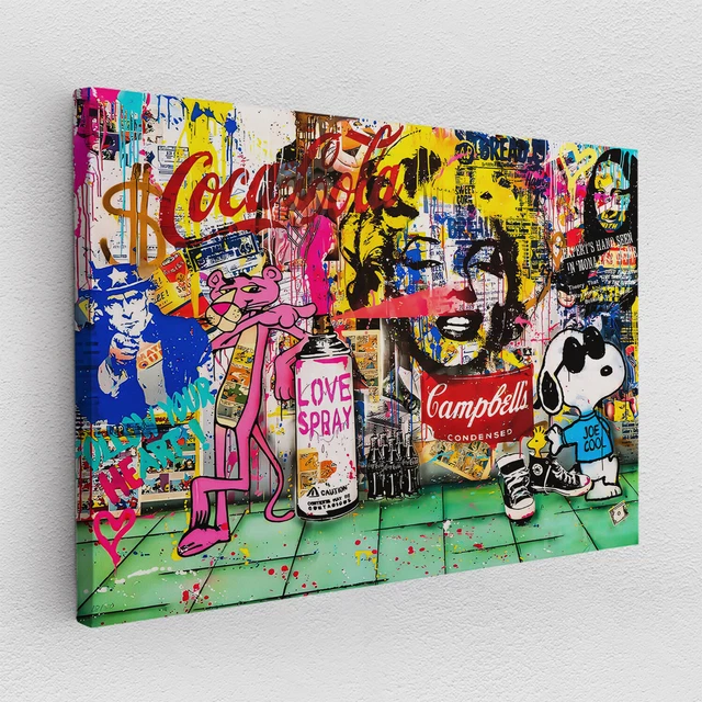 Lienzo Póster Acrílico Street Pop Art Rosarote Pink Panther Graffiti Snoopy