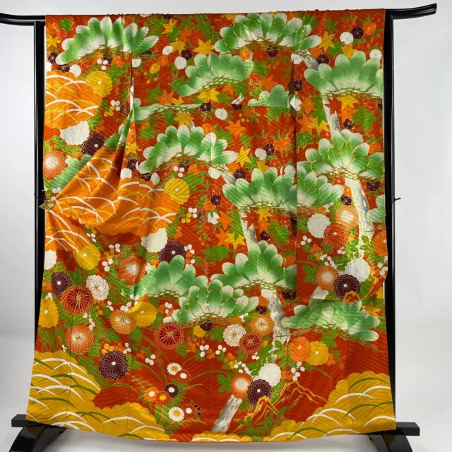 Japanese Silk Kimono Vintage Furisode Gold Gorgeous Orange Thread Flower 64in