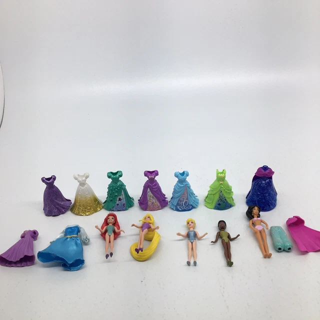 5 POLLY POCKET Disney Princess Dolls, Magic Clip Dresses + Extras 28.