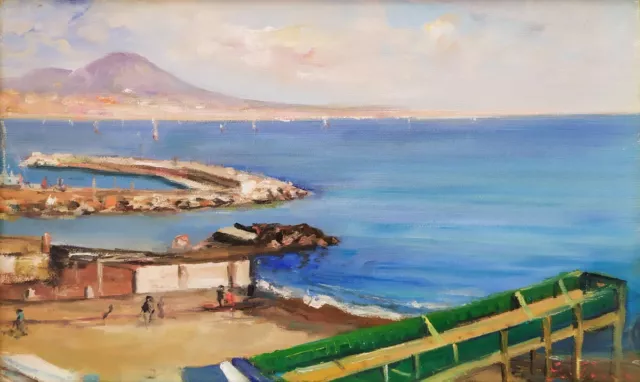 Quadro Paesaggio Golfo di Napoli Marina Vesuvio Dipinto Olio su tela firmato