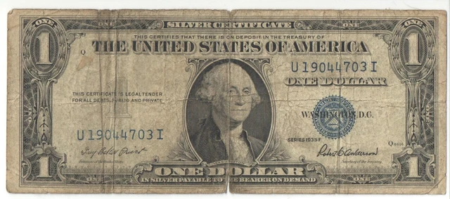Vintage 1935F Note $1 Silver Certificate One Dollar Bill Blue Seal